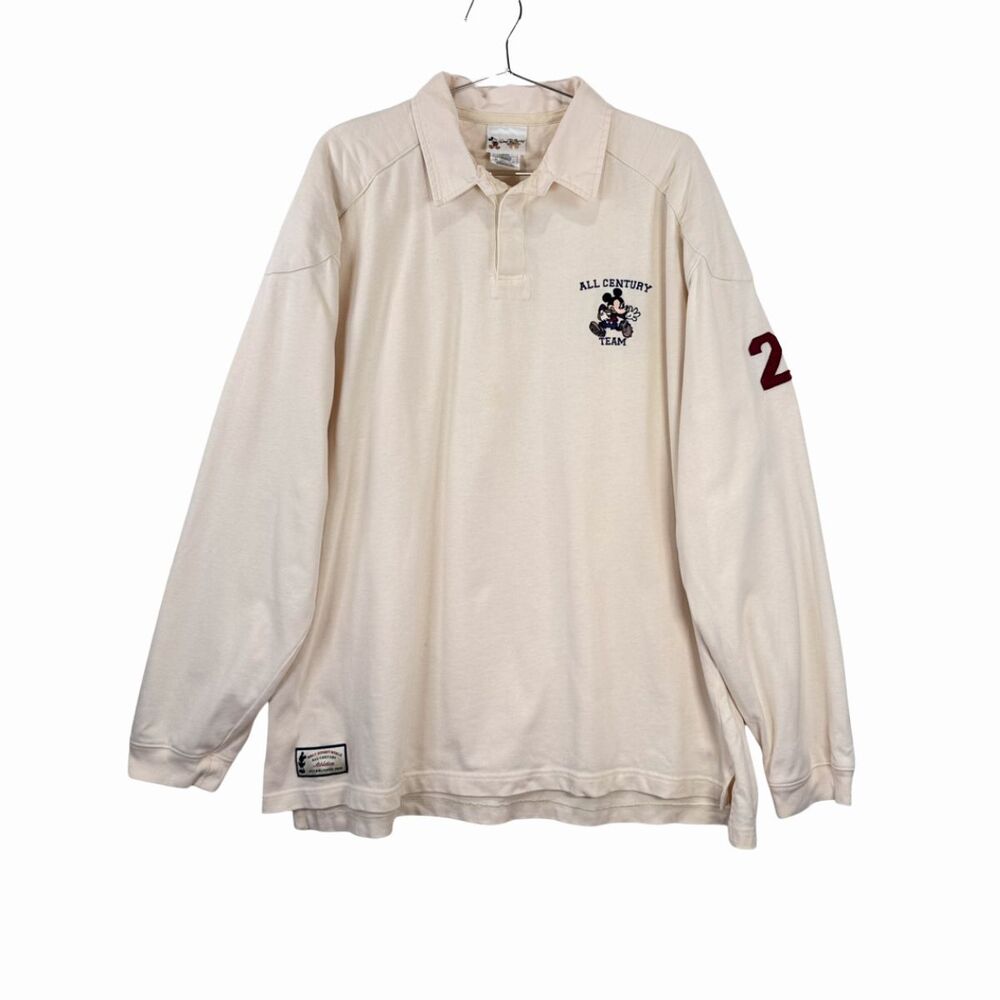 VTG 90s Walt Disney Mens Rugby Shirt Beige All Century Team Polo Elbow Patch XL